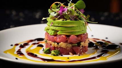 Commercial photography of raw tuna tartar with avocado. Fresh tartar from the chef, elegantly decorated, close-up. Photo for restaurant menu. 