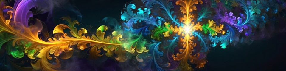 Abstract multicolored banner intricate patterns on dark background in bright colors background for your design