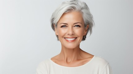 Ageless Beauty: Smiling Mature Woman's Radiant Portrait Isolated on White. Generative ai