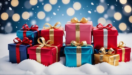 A group of colorful wrapped presents, arranged on a snowy background. Vibrant gifts, adorned with glittering ribbons, contrast beautifully with the snowy white winter landscape.