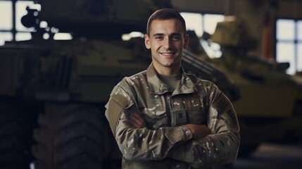 Fototapeta premium Proud Defender: Soldier with Confidence at Army Base. Generative ai