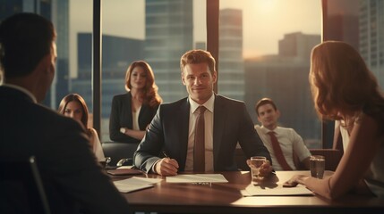 Boardroom Success: Confident Businessman with Team in Corporate Meeting. Generative ai