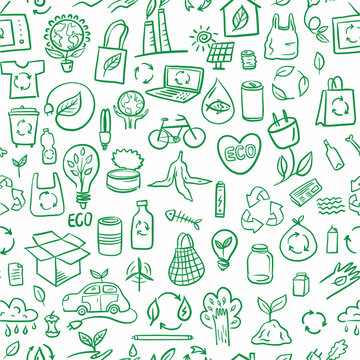 Vector seamless pattern of elements of environmental symbols drawn by hand in the style of a doodle