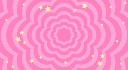 Pink flowers background in trendy retro 2000s design with stars. Abstract cute pink background. Abstract retro pink background. Decoration banner themed Lol surprise doll girlish style