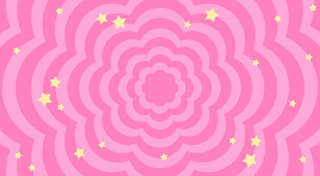 Pink flowers background in trendy retro 2000s design with stars. Abstract cute pink background. Abstract retro pink background. Decoration banner themed Lol surprise doll girlish style