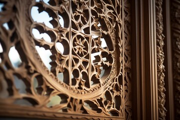 Close-up view of a timber window with intricate design and craftsmanship. Generative AI