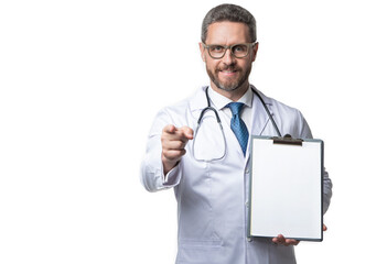 internist with prescription isolated on white, advertisement. - obrazy, fototapety, plakaty