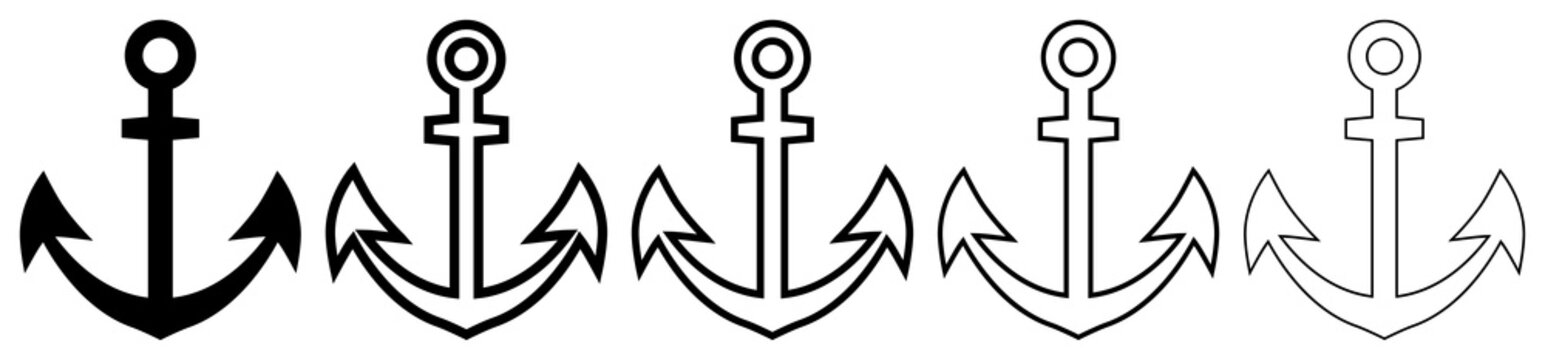 Anchor icon set. Silhouette an outline illustration isolated on transparent background. Marine symbol.