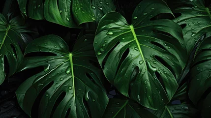 Fotobehang Green wet tropical leaves background, tropic floral texture backdrop © AdamantiumStock
