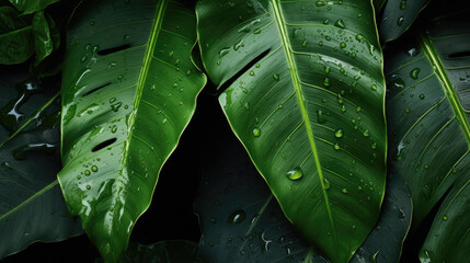 Green wet tropical leaves background, tropic floral texture backdrop - obrazy, fototapety, plakaty