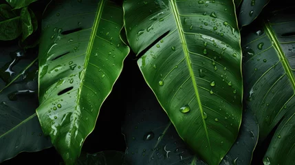 Fotobehang Green wet tropical leaves background, tropic floral texture backdrop © AdamantiumStock
