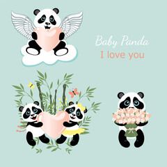 Collection of little pandas in love.