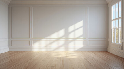 An empty room is illuminated by the bright light of the sun streaming through the windows