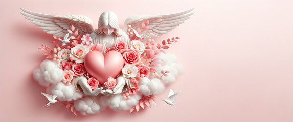 Festive card  with angel, flowers and hearts for Valentine's Day on a light pink background