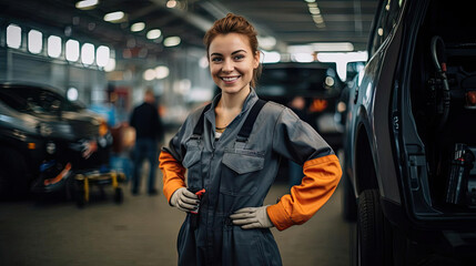 Young beautiful woman in mechanic costume in auto repair shop - obrazy, fototapety, plakaty