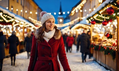 Girl walks through Christmas market decorated with festive lights at the evening. Winter holidays. Walk through streets of city at Christmas
