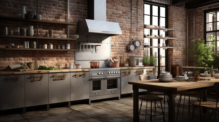 an industrial-style kitchen with exposed brick walls and stainless steel appliances and wooden countertops 