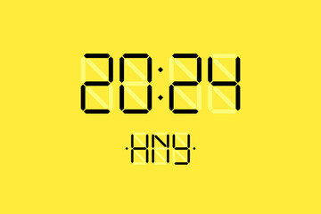 Happy New Year xmas holiday card with digital lcd electronic display clock number 2024 and HNY black letters on yellow background. Merry Christmas celebration greeting calendar vector eps illustration