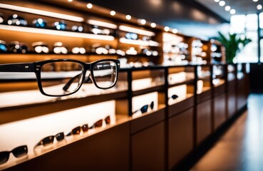 Spectacle optics shop, fashion glasses on display on the shelf of the optical store mall. Eyeglasses in optical store, fashion, different glasses on white shelf in shopping mall