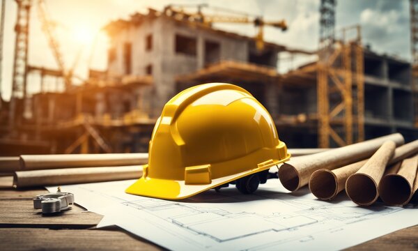 Construction house. Repair work. Drawings for buildings and yellow helmet or hard hat on the background of a construction site