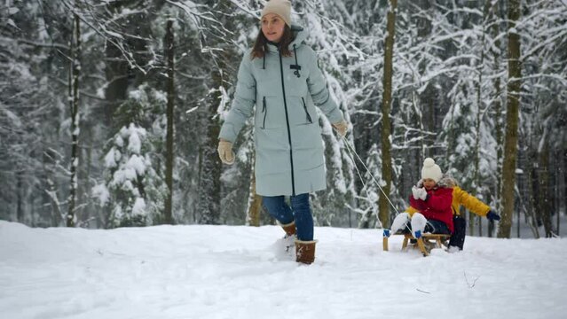 Mom walking pulling up wooden sleigh with two kids in winter snowy park.