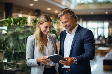 two business people are looking at a tablet.