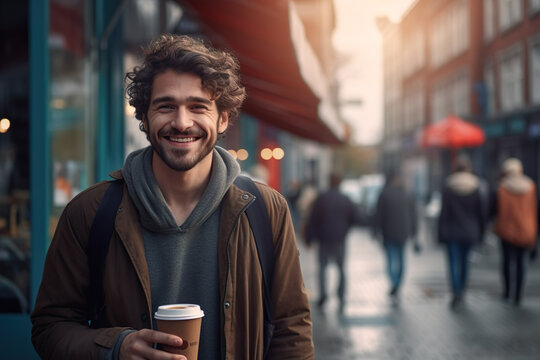 Cheerful Man with Coffee Walking in the City