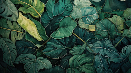 Botanical veins flowing into intricate, abstract patterns across a leafy canvas Ai Generative