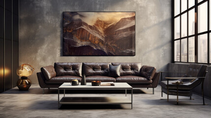 an industrial-style living room with a metal sofa and a glass coffee table and an abstract painting on the wall 