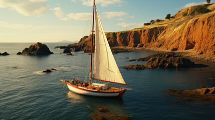 Sailboat Navigating Near Coastal Cliffs at Sunset