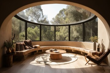 House area with circular window showcasing outdoor scenery and exquisite furnishings. Generative AI