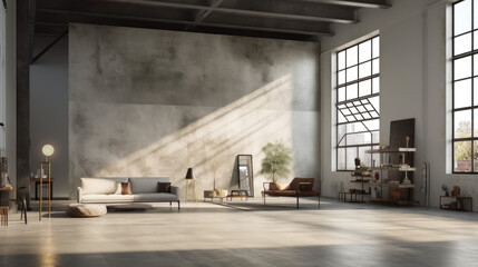 an industrial-style loft with light grey walls and a concrete floor and a large window with metal shades