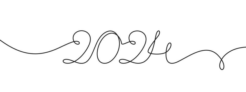 2024 new year single continuous line sketch. Hand drawing number 2024. Curved outline. Minimalistic hand-drawn banner with single line path. Trendy sketch design. New year vector illustration