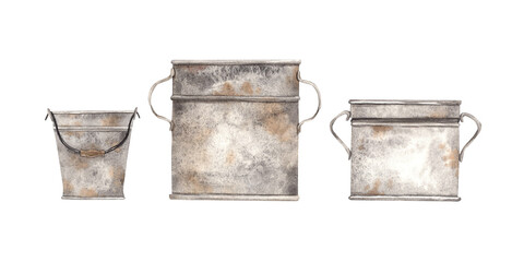 Watercolor illustration of a rusty bucket and barrels. Hand drawn elements. Metal bucket, barrels and farm things. Isolated on white background, use in graphic design. - obrazy, fototapety, plakaty