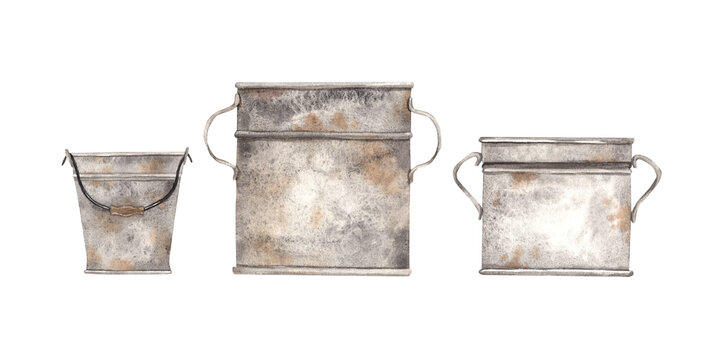 Watercolor illustration of a rusty bucket and barrels. Hand drawn elements. Metal bucket, barrels and farm things. Isolated on white background, use in graphic design.