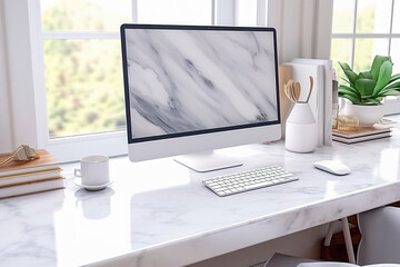 Desktop computer and office supplies on the desktop.