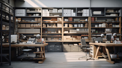 an industrial-style office with a metal desk and a wall of shelves and a filing cabinet in the corner - obrazy, fototapety, plakaty