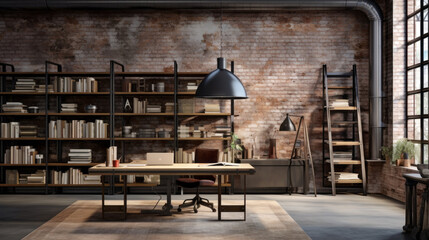 an industrial-style office with exposed brick walls and a wooden desk and a tall bookshelf and a standing lamp