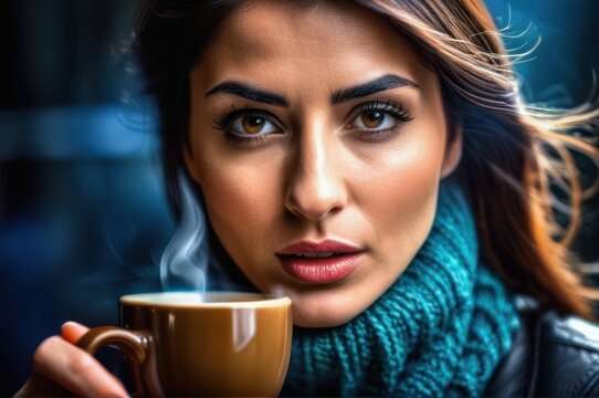 Sick woman with cup of tea. Closeup image of young frustrated sick woman in knitted blue scarf holding a cup of tea looking at camera