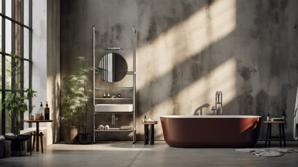 an industrial bathroom with grey walls and a polished concrete floor and a large window with metal shades