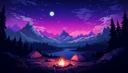Illustration of a campfire in the wilderness with blue and violet color scheme. Business concept of campfire session, adventure, risk taking and get-away. 