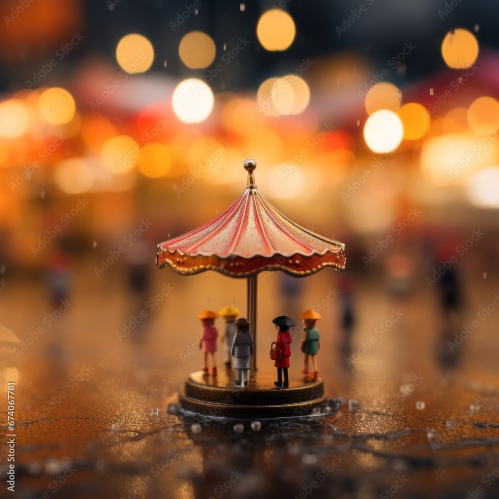 Poster Miniature people standing under a carnival tent, AI