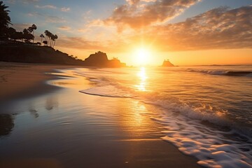 An enchanting beach view with a flawless sandy shore, serene ocean mirroring breathtaking sunrise hues. Generative AI