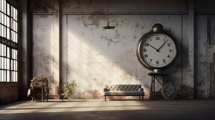 an industrial room with a concrete floor and white walls and a large clock hanging over the mantel - Powered by Adobe
