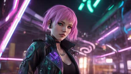 inspired anime cartoon, anime         _ A daring cyberpunk girl with pink hair and blue eyes, wearing a black leather jacket  