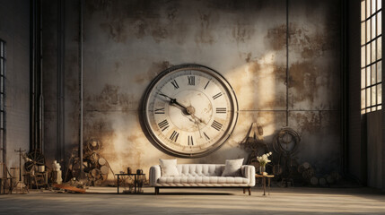 an industrial room with a concrete floor and white walls and a large clock hanging over the mantel
