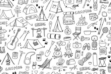 Seamless pattern of camping and hiking elements. Doodle style. Picnic, travel accessories, equipment. Travel design. Adventure. Hand drawn vector illustration Great for prints, poster, cute stationery