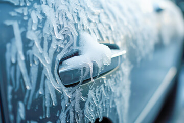 A vehicle's door handle and glass windows, frosted and covered in snow, require a morning cleanup on a cold December day - Powered by Adobe