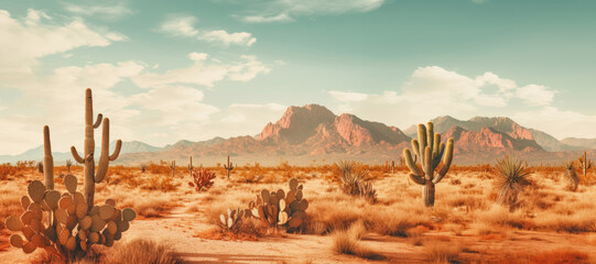 The arid beauty of the desert at sunset, with cacti, rolling hills, and a scenic view