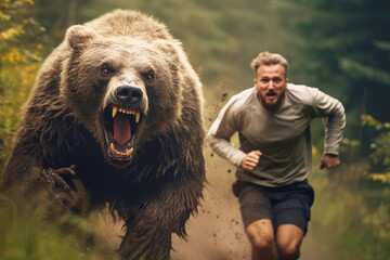 man hurriedly running away from a bear in a survival situation, underscoring the dangers of wildlife encounters in the wilderness. - obrazy, fototapety, plakaty